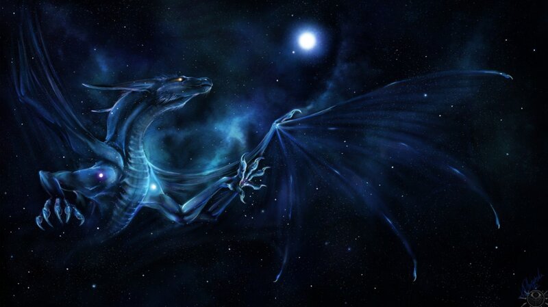 Blue Dragon in Space — Dramatic, Night, Digital Art, Stars
