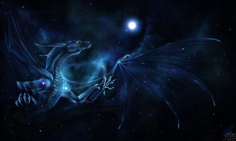 Blue Dragon in Space — Dramatic, Night, Digital Art