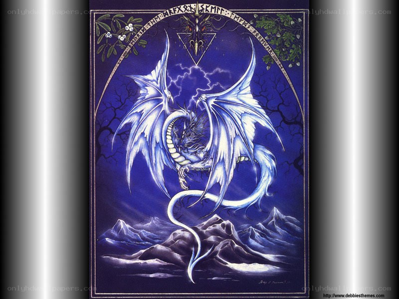 Blue dragon in stormy landscape