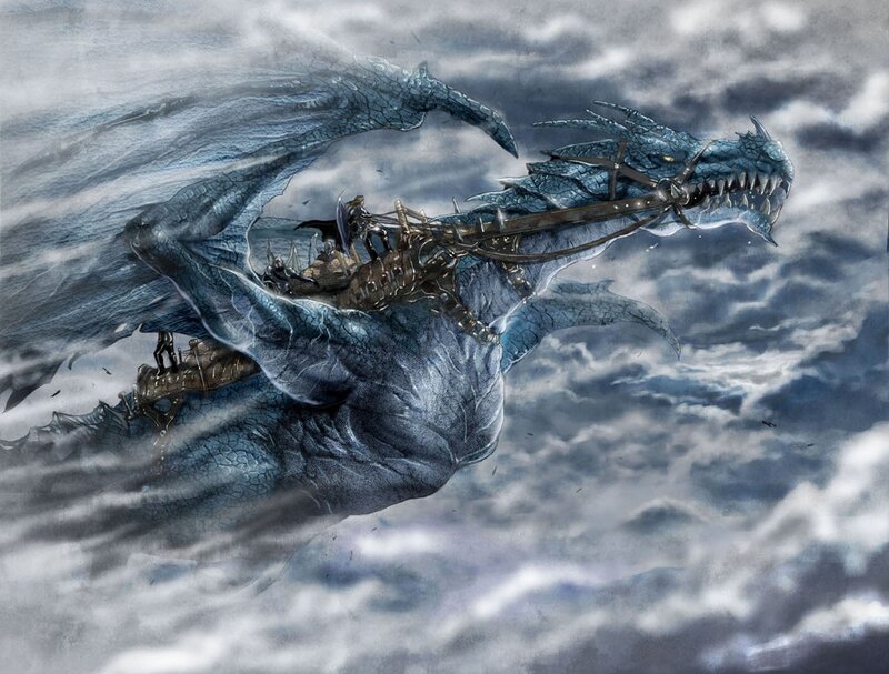 Blue dragon in stormy sky