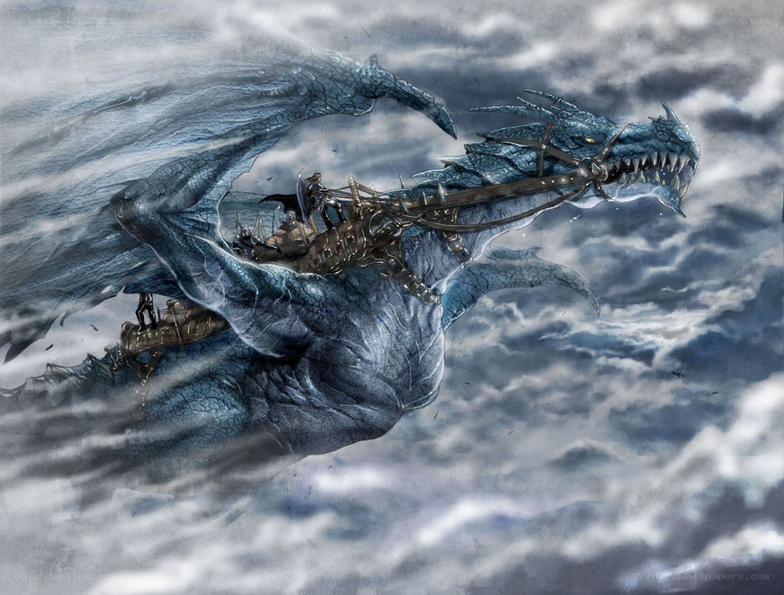 Blue dragon in stormy sky