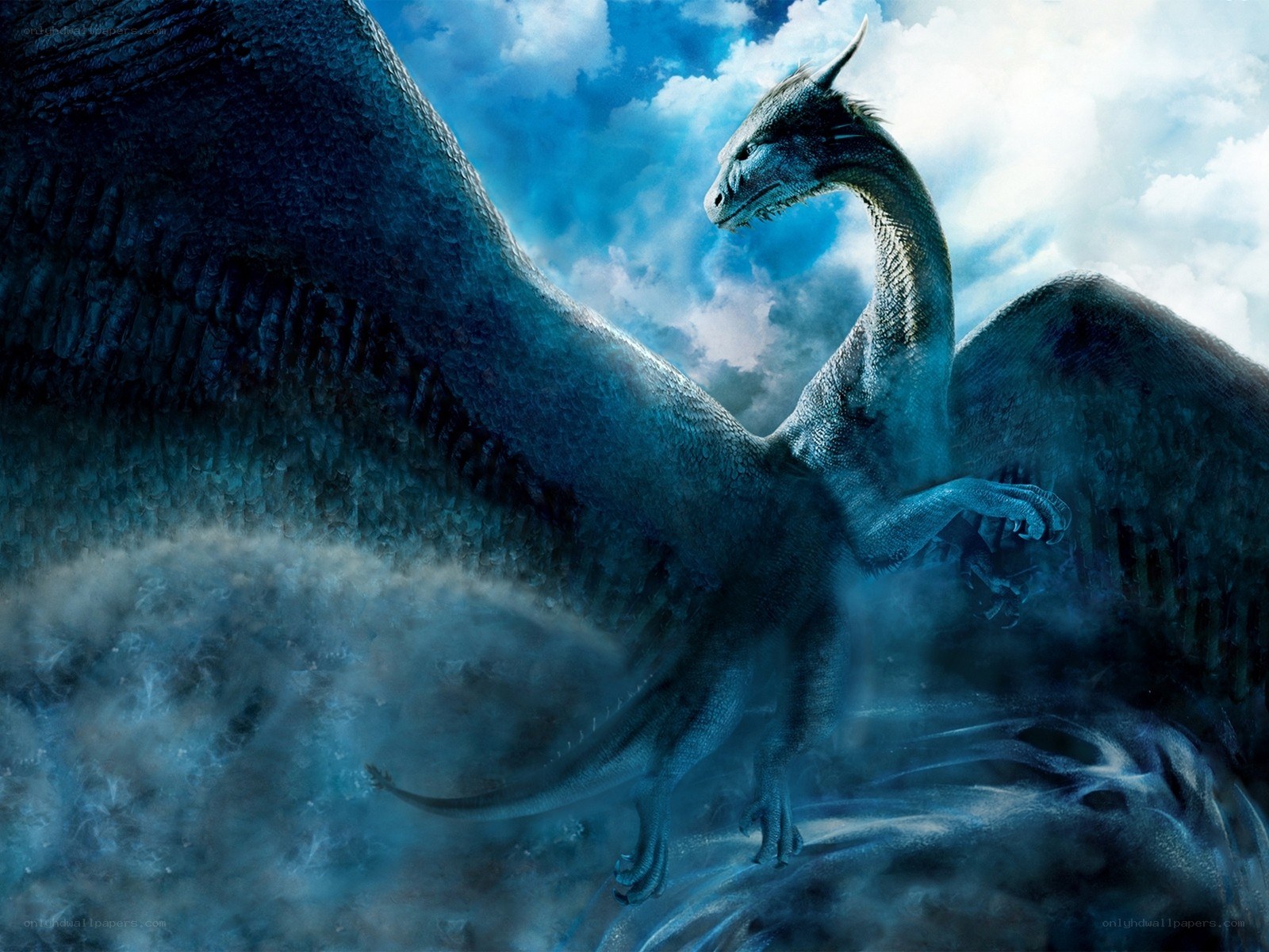 Blue dragon in stormy sky