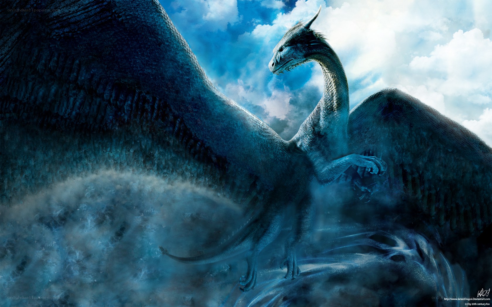 Blue dragon in stormy sky