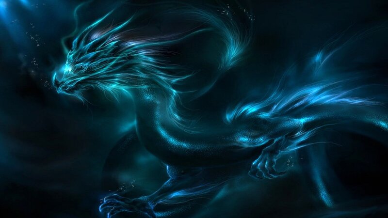 Blue Dragon in Water — Dramatic, Digital Art, Light