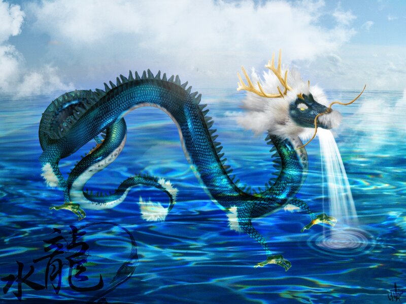 Blue Dragon in Water — Dramatic, Digital Art