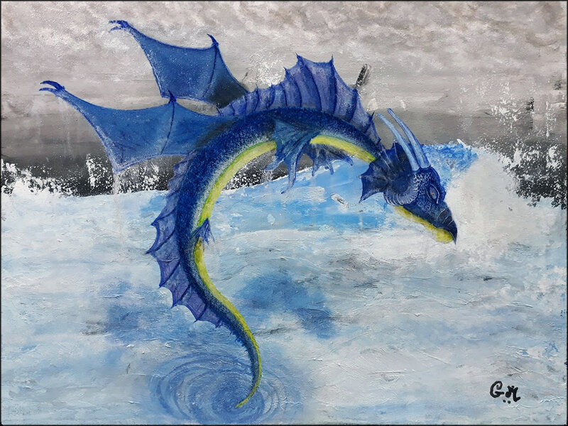 Blue Dragon in Water — Dramatic, Painting