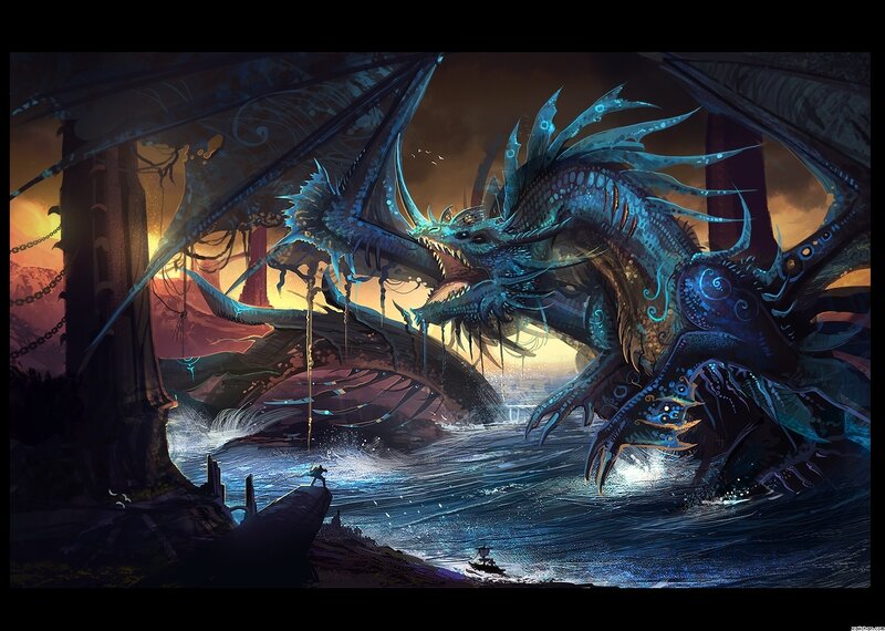 Blue Dragon in Water — Dramatic, Sunset, Digital Art, Ship, Castle