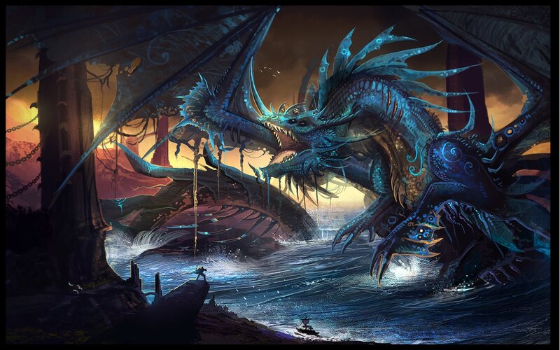 Blue Dragon in Water — Dramatic, Sunset, Digital Art, Ship