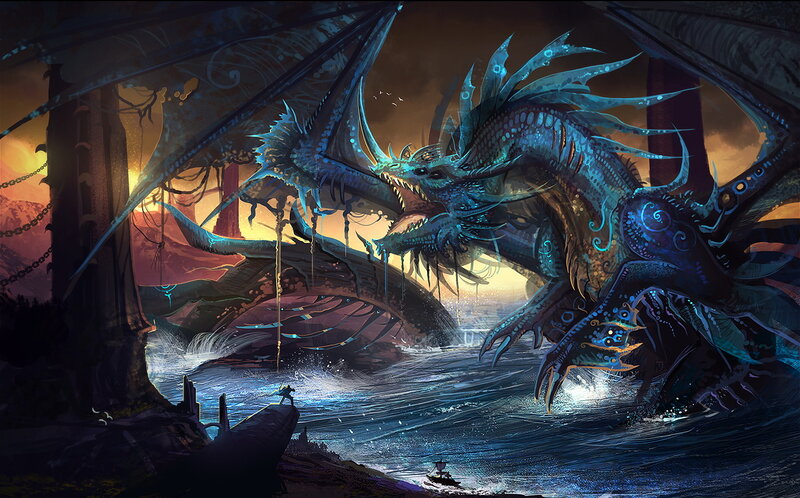 Blue Dragon in Water — Dramatic, Sunset, Digital Art