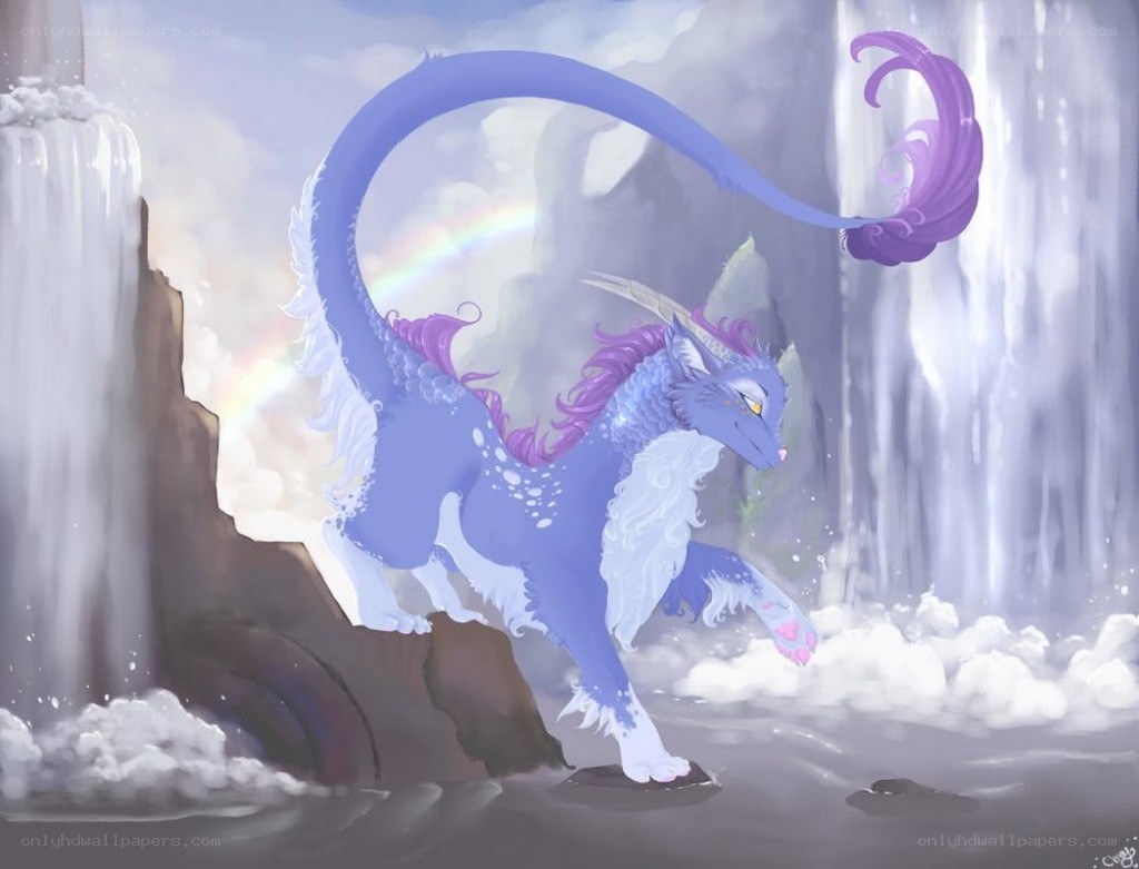 blue dragon near waterfall
