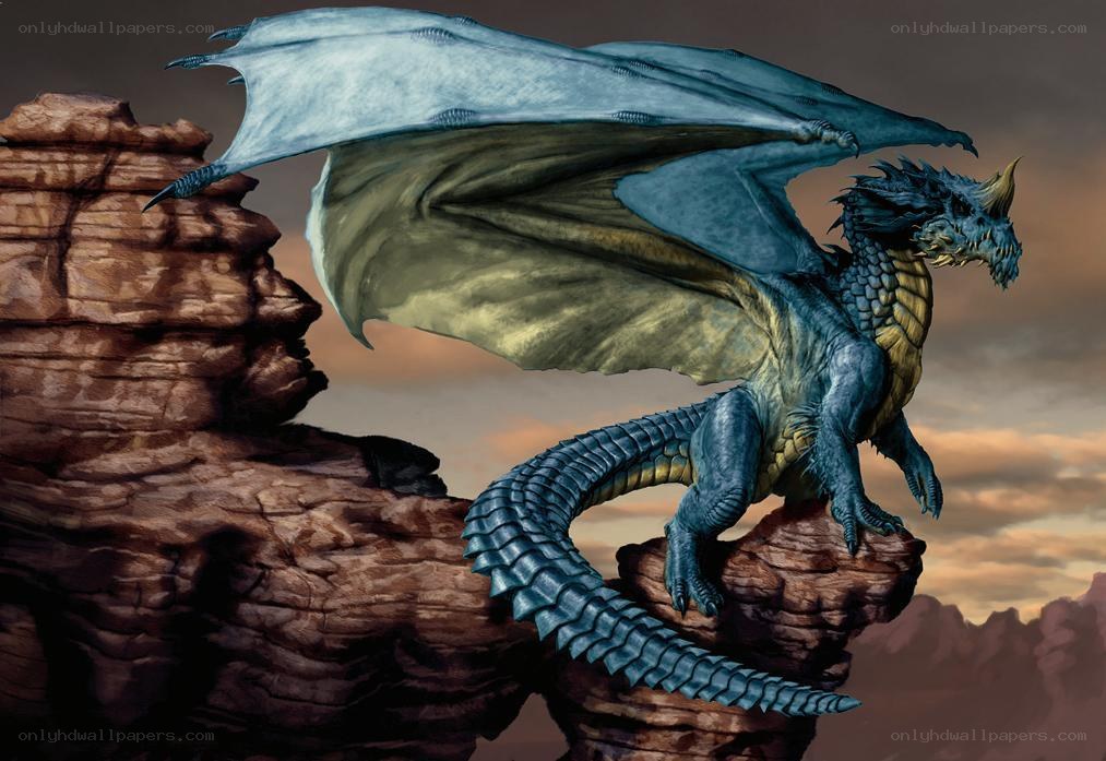 Blue dragon on rocky cliff