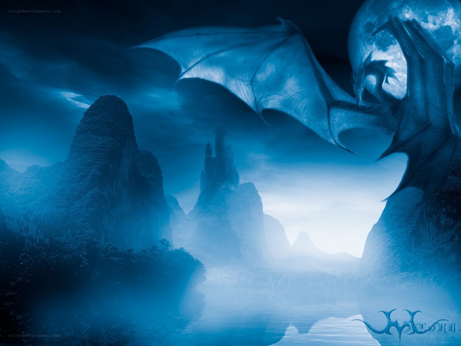 Blue dragon over misty mountains