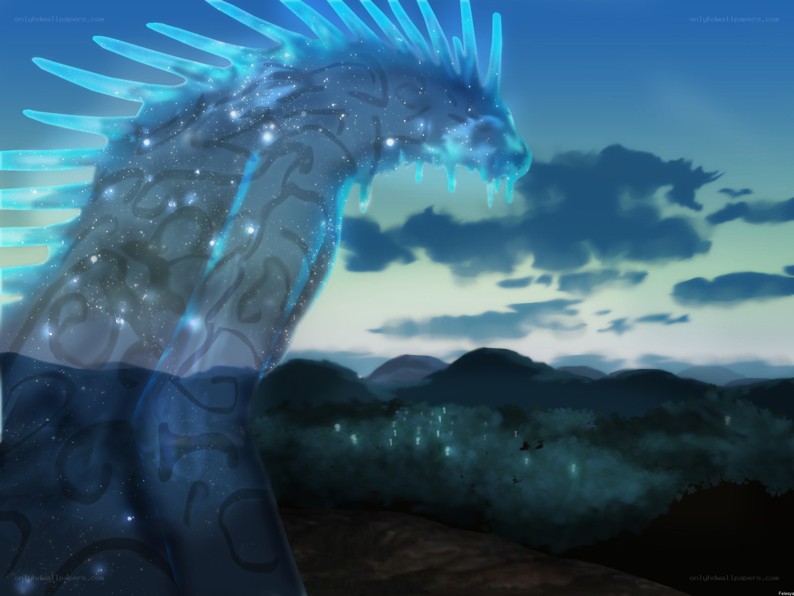 blue dragon over mountains