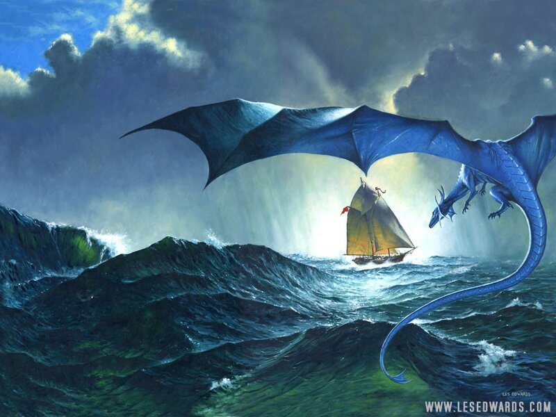 Blue Dragon over Ship — Dramatic