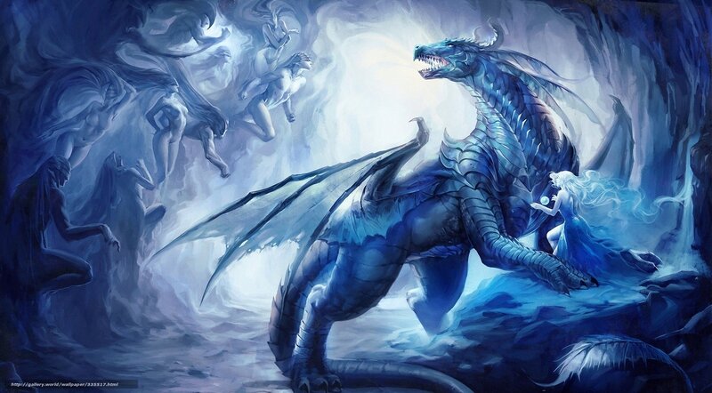 Blue dragon with ethereal figures
