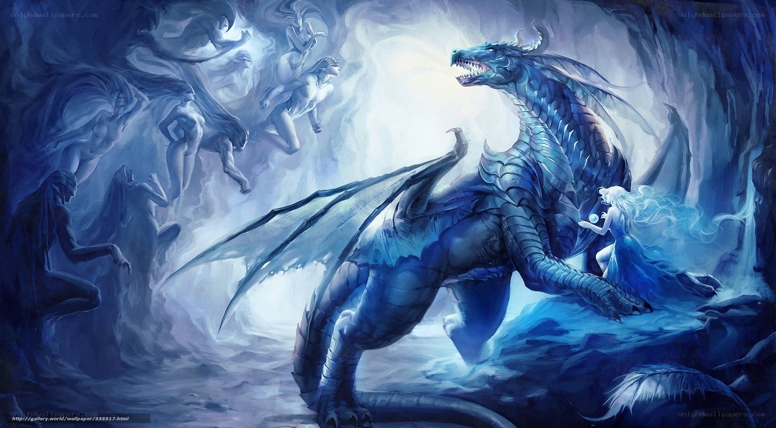 Blue dragon with ethereal figures