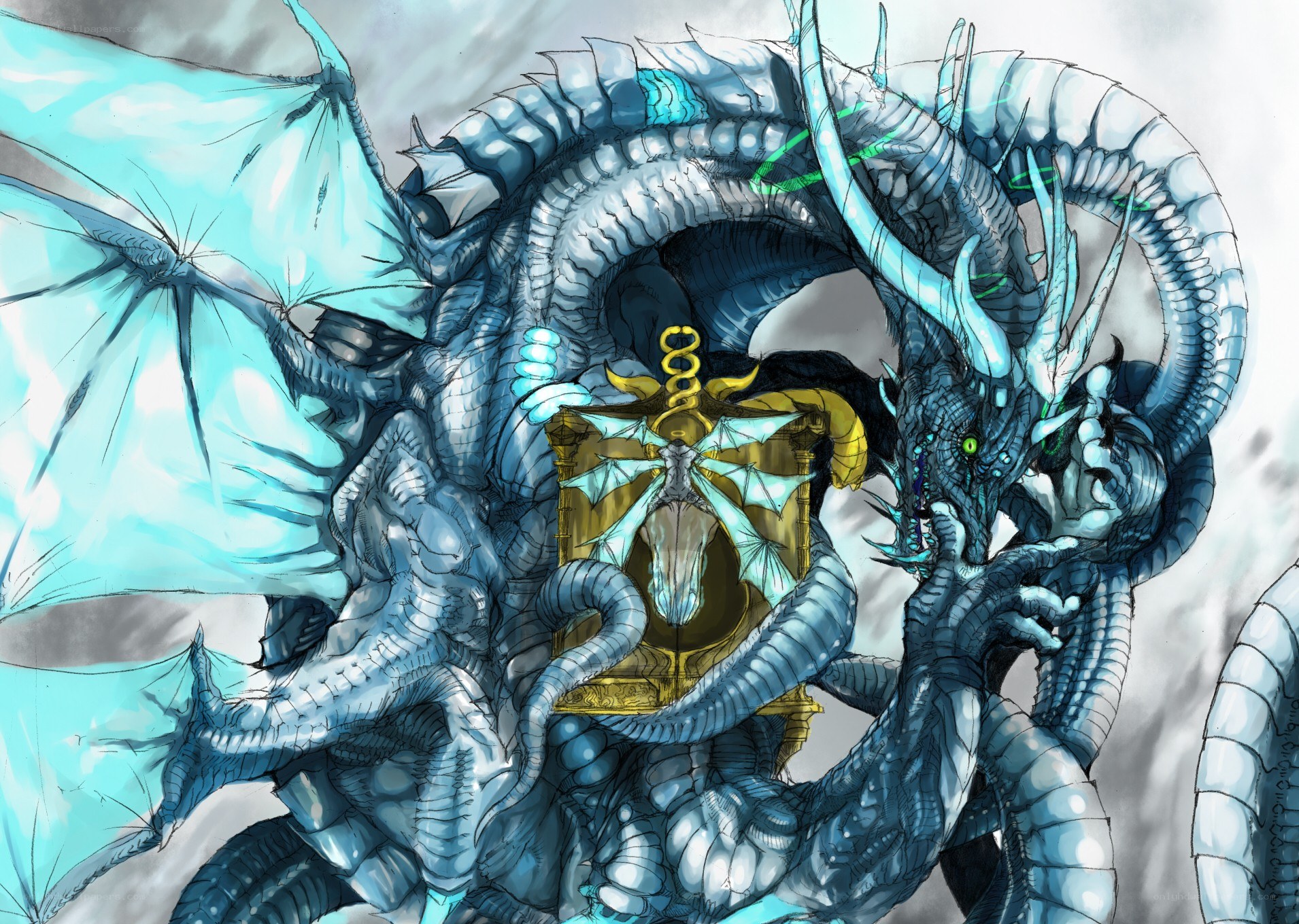 Blue dragon with golden artifact