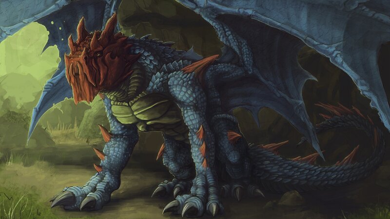 Blue Dragon with Red Head — Dramatic, Digital Art