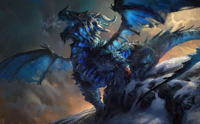 Blue Dragon with Rider — Dramatic