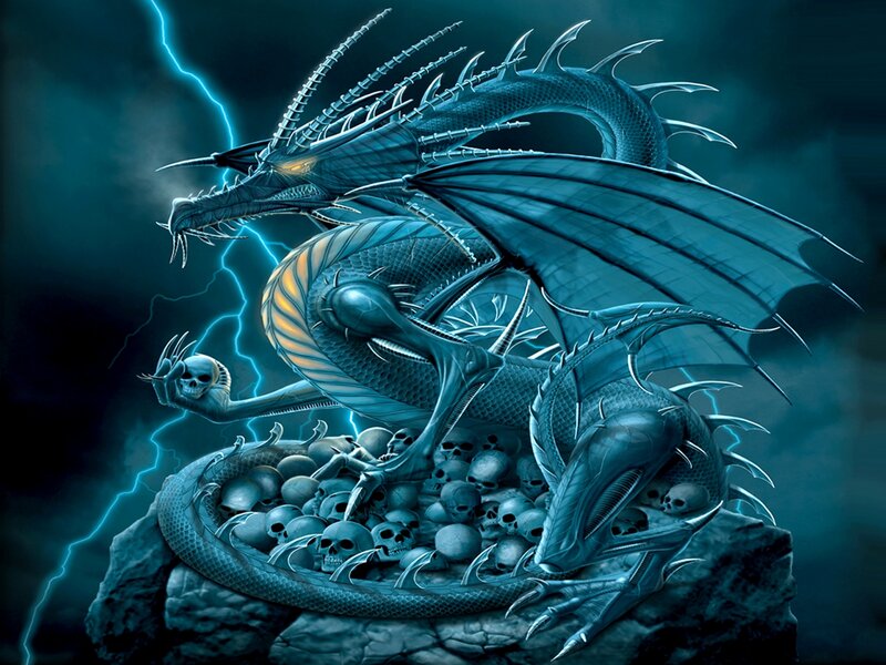 Blue Dragon with Skulls — Dramatic, Night, Digital Art