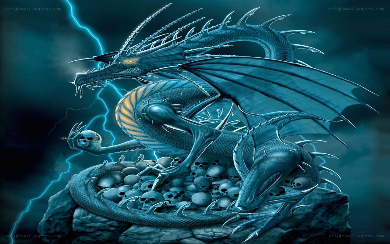 Blue dragon with skulls