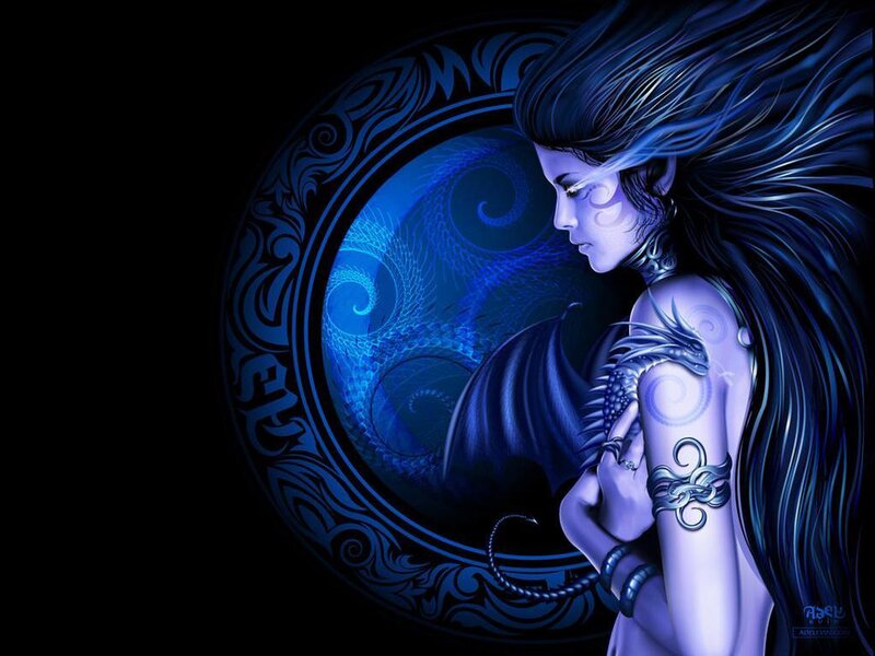 Blue dragon woman fantasy art