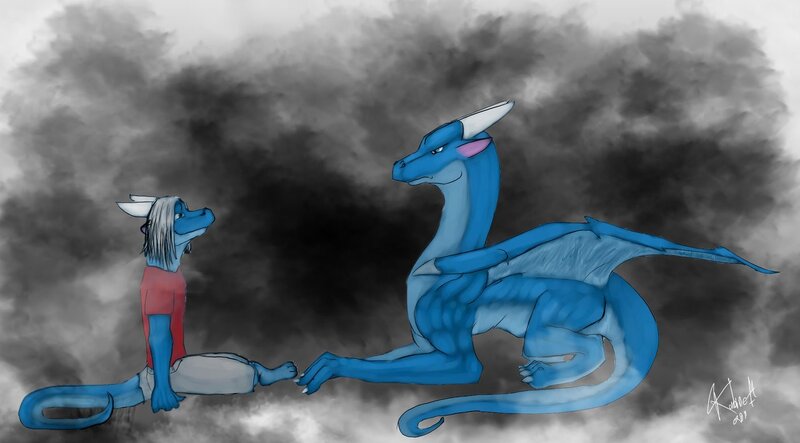 Blue dragons in a cloudy sky
