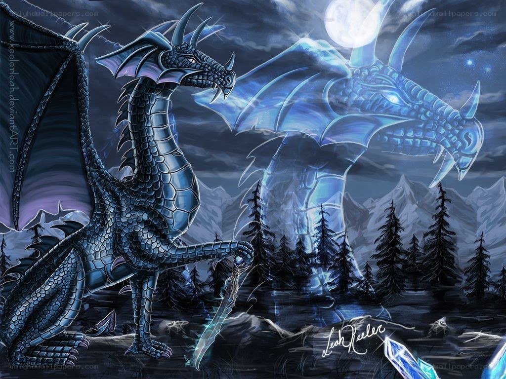 Blue dragons in a moonlit forest