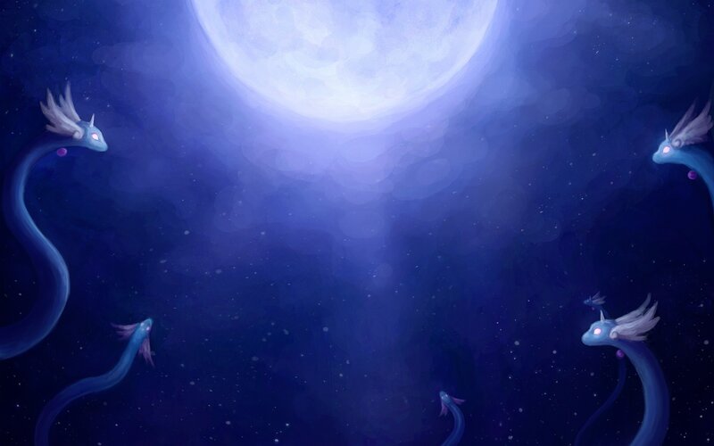 Blue dragons under a full moon