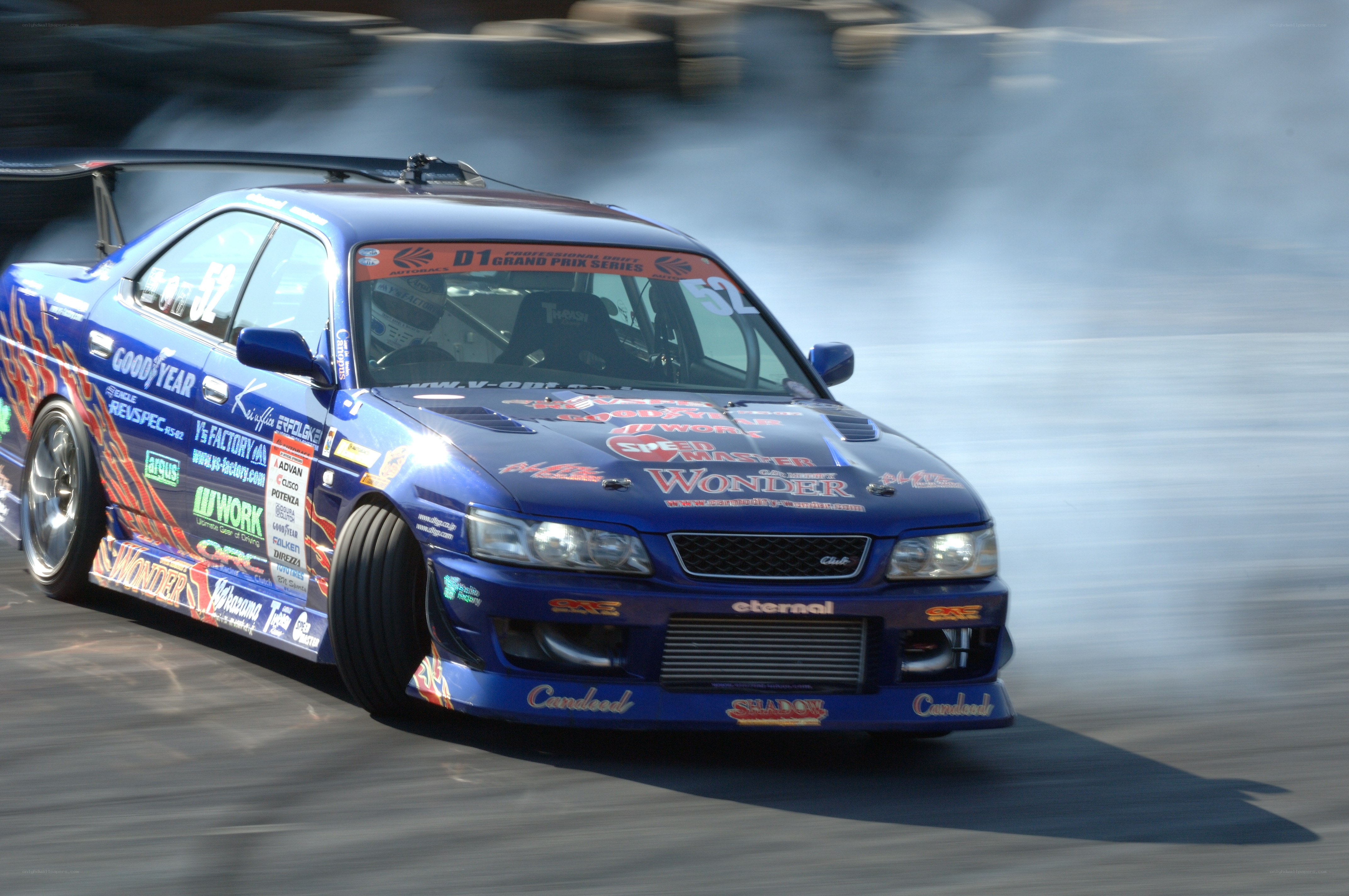 Blue drift car in action