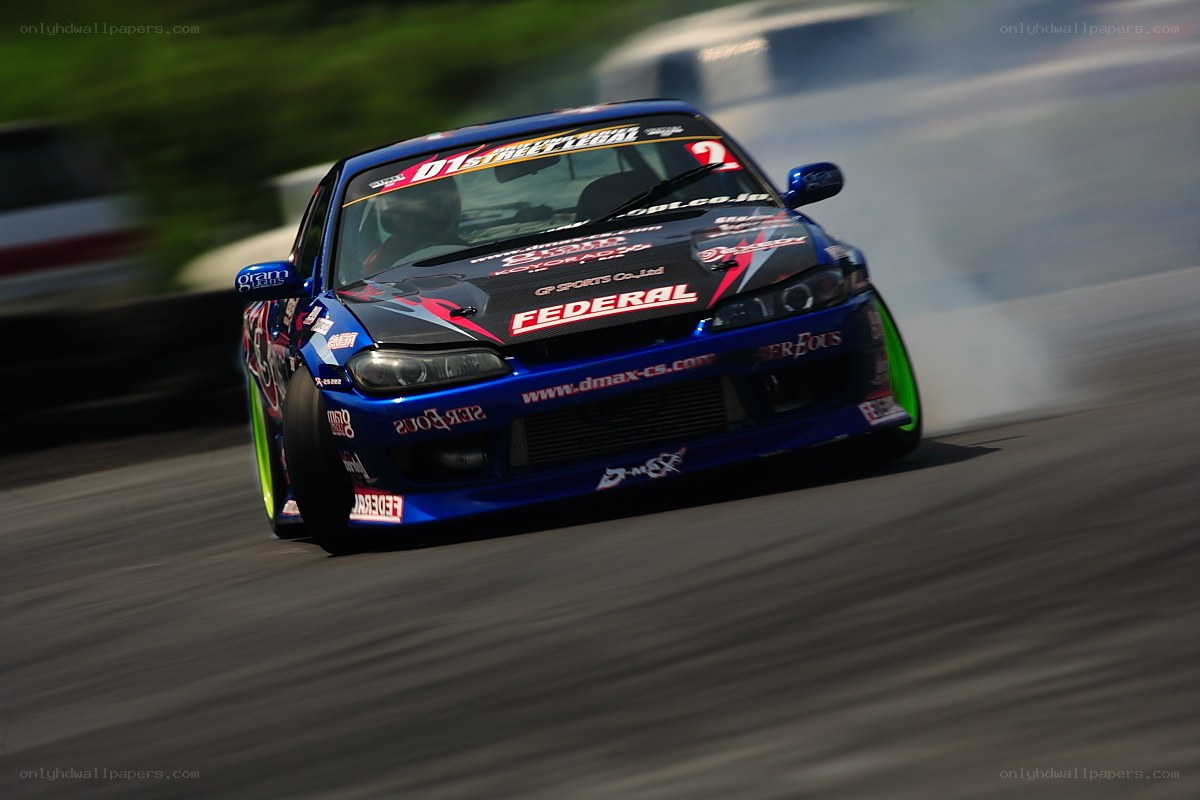Blue drift car in action