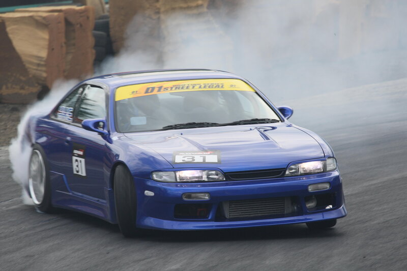 Blue drift car in action