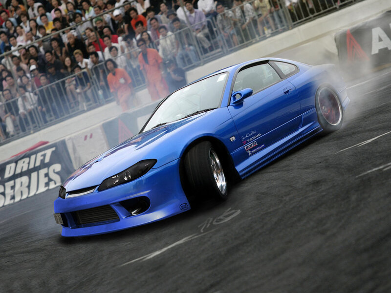 Blue drift car in action