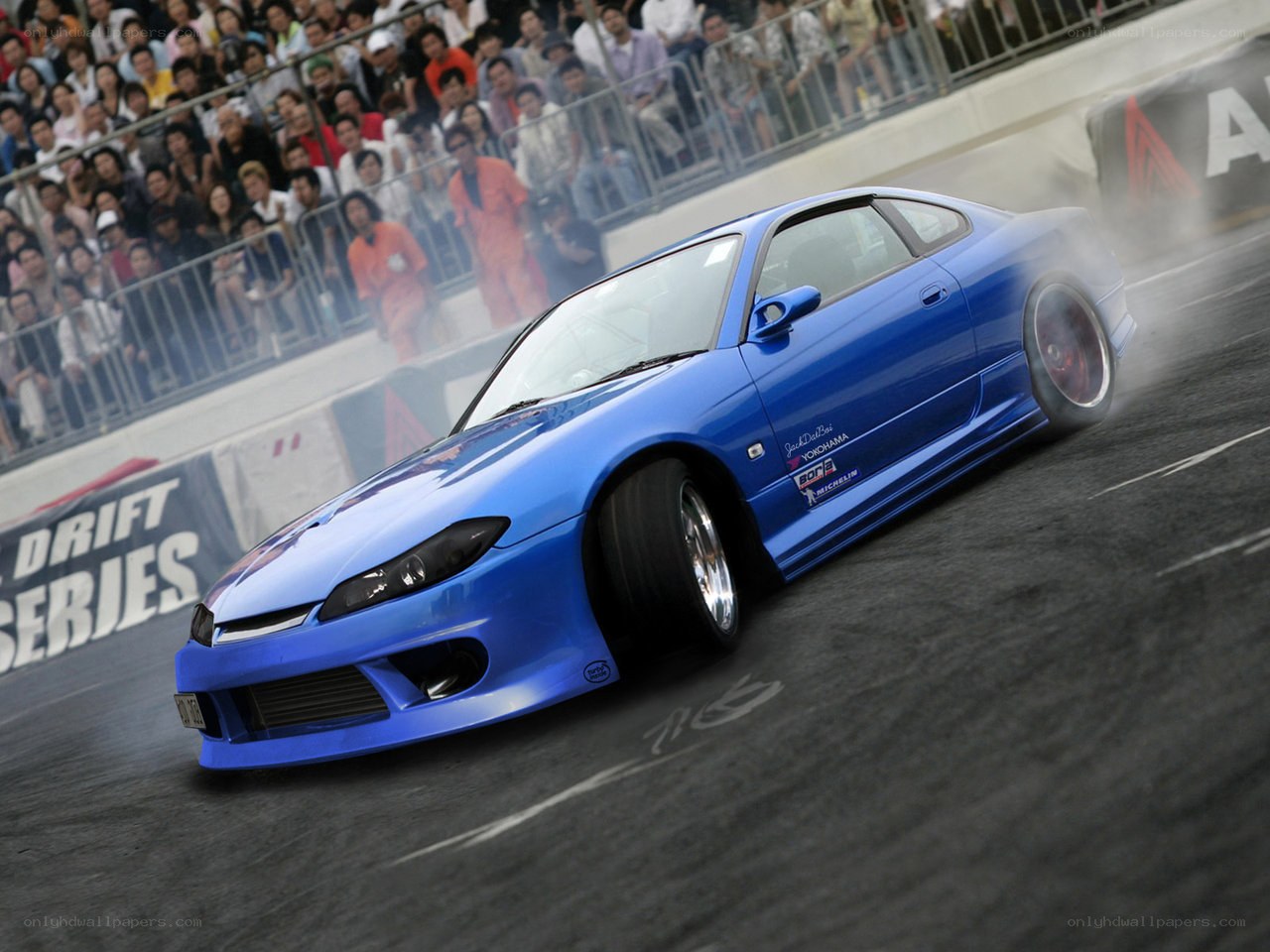 Blue drift car in action
