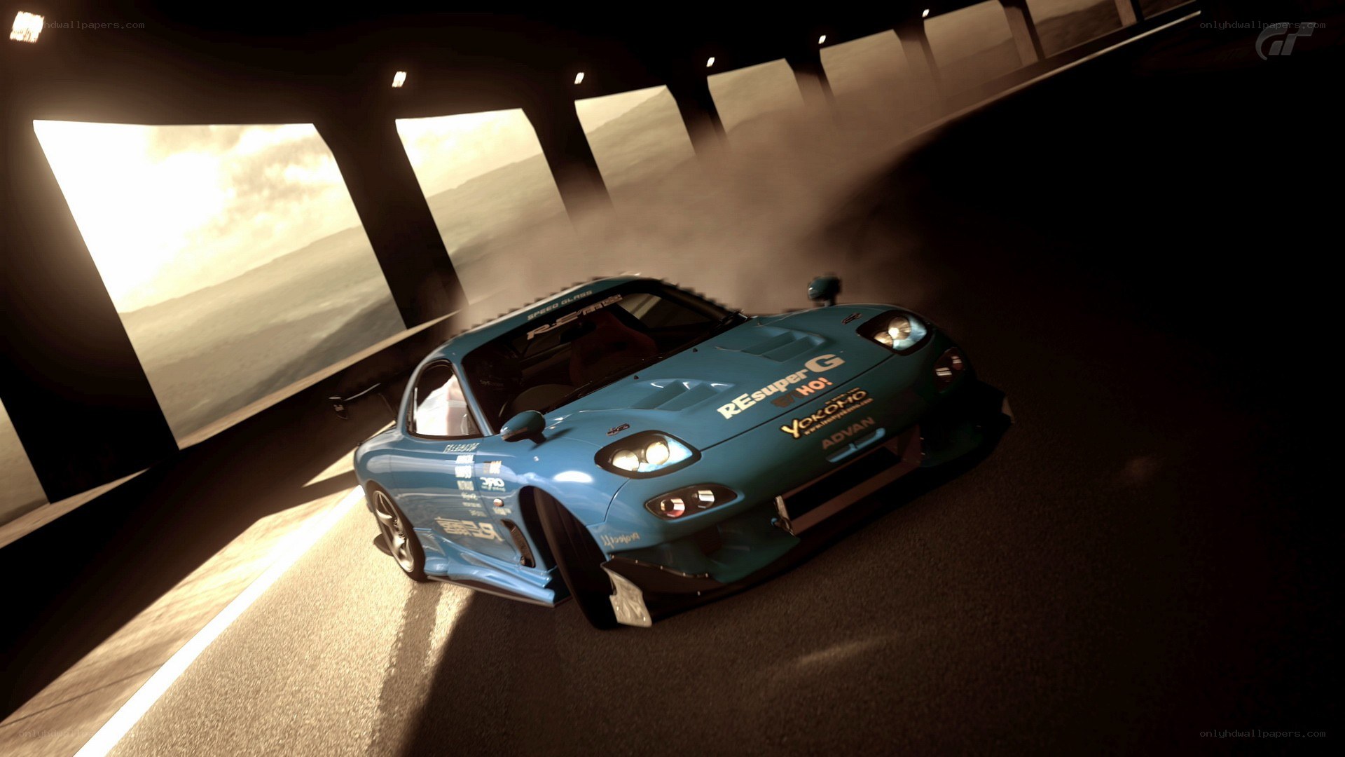 Blue drift car in tunnel