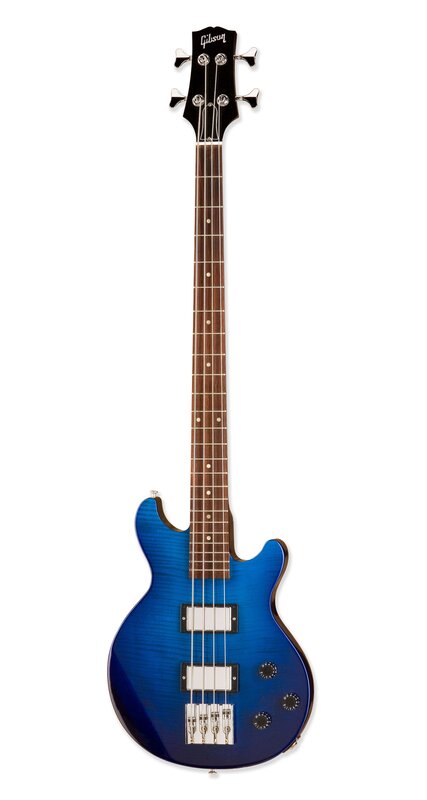 blue electric bass guitar