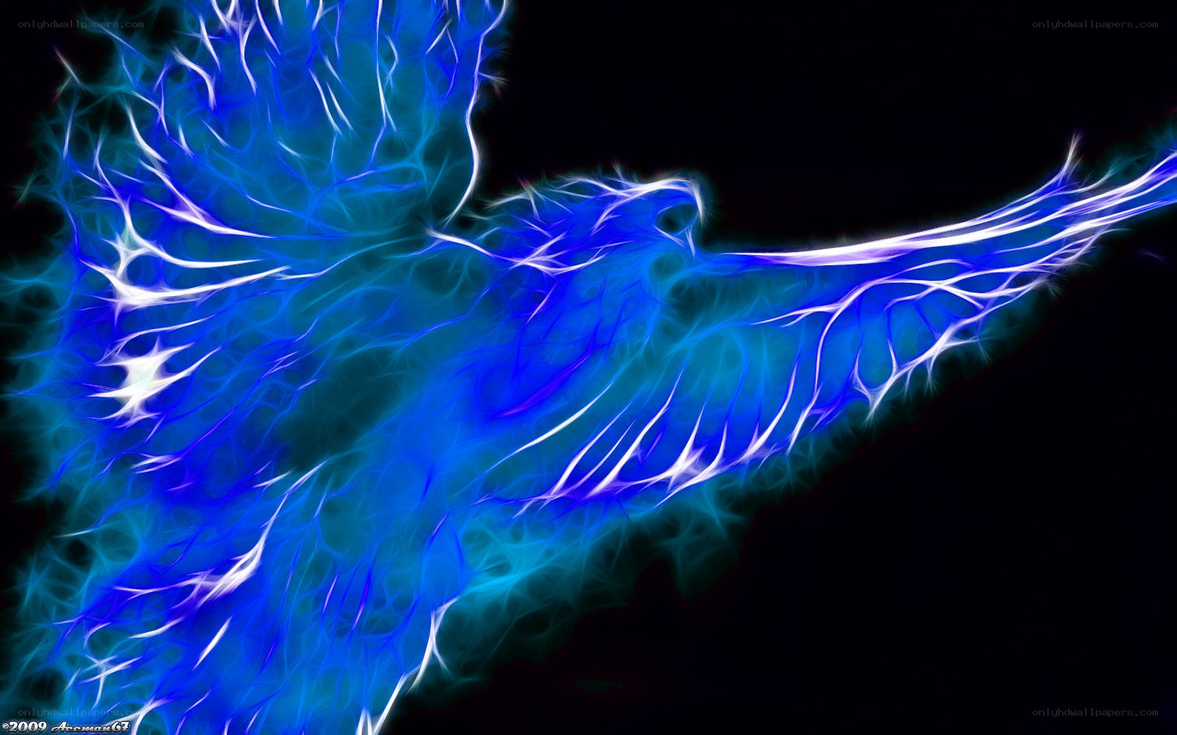 blue electric bird in flight