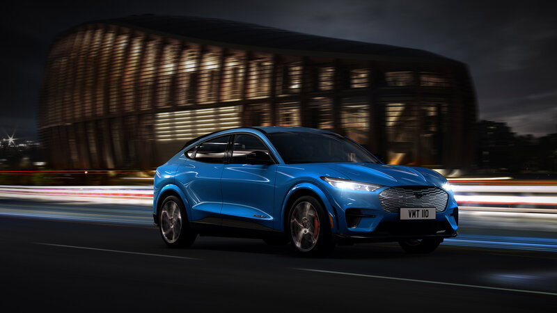 Blue Electric Car — Dynamic, Night