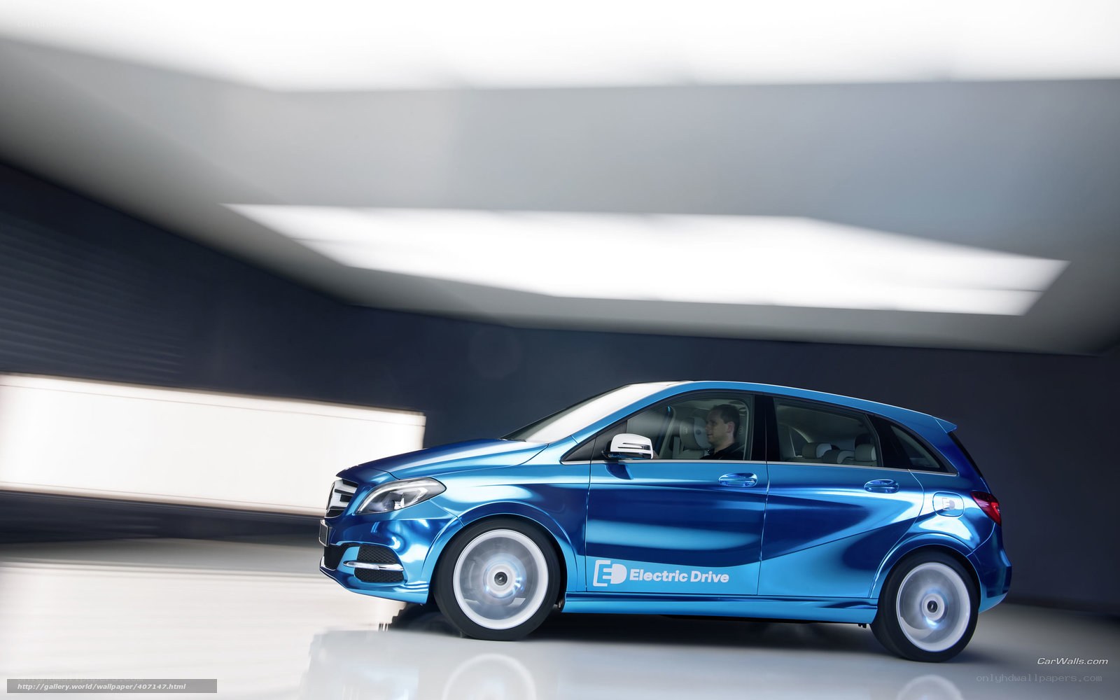 Blue electric car in showroom