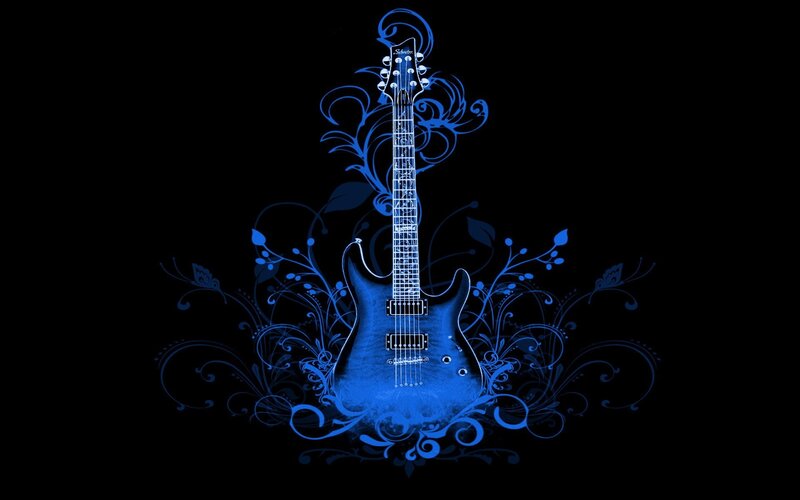 Blue Electric Guitar — Dramatic, Digital Art, Floral Patterns, Black Background, Black