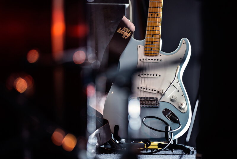 blue electric guitar on stage