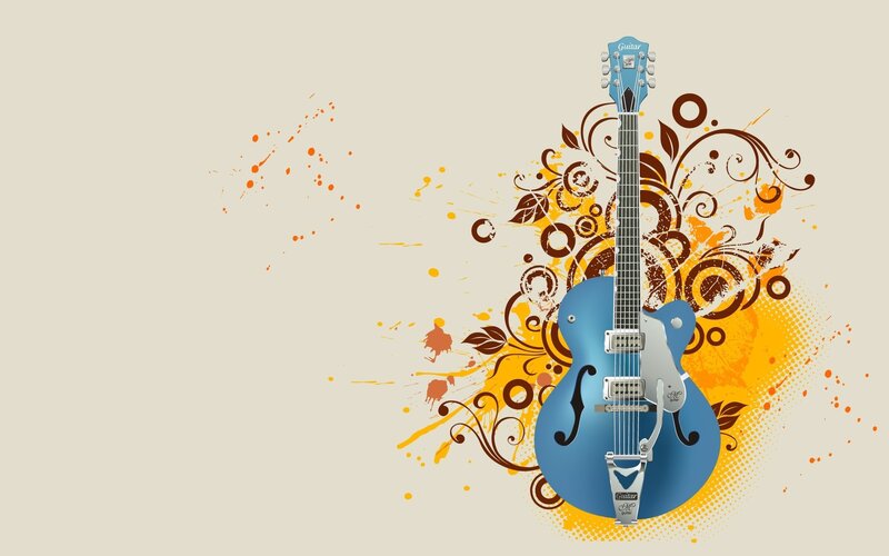 Blue Electric Guitar — Vibrant, Digital Art, Floral Patterns