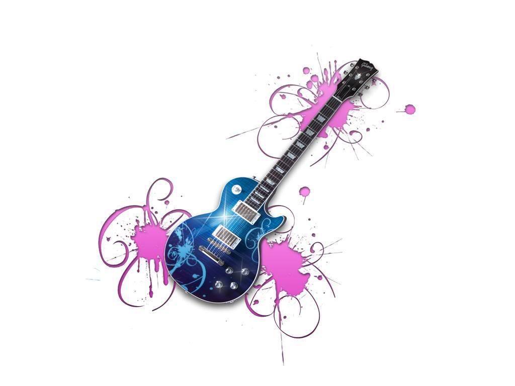 blue electric guitar with pink splatters