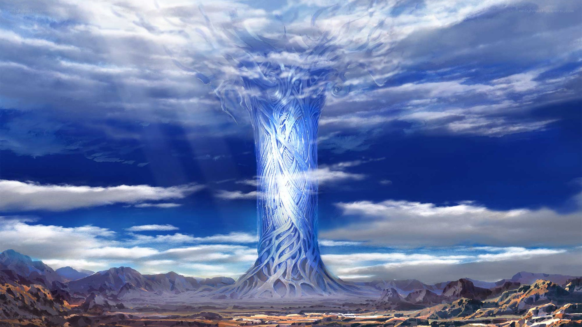 blue energy pillar in desert