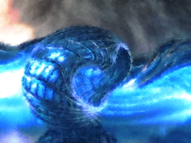 blue energy sphere in smoke