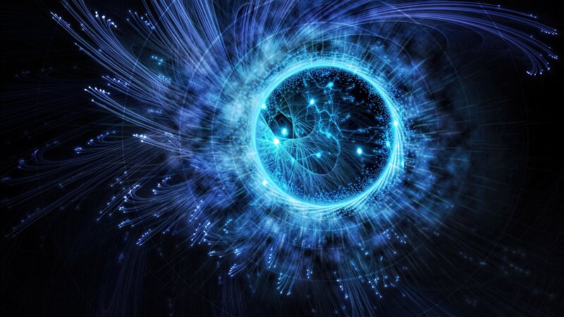 Blue Energy Vortex — Energetic, Digital Art, Light Beams