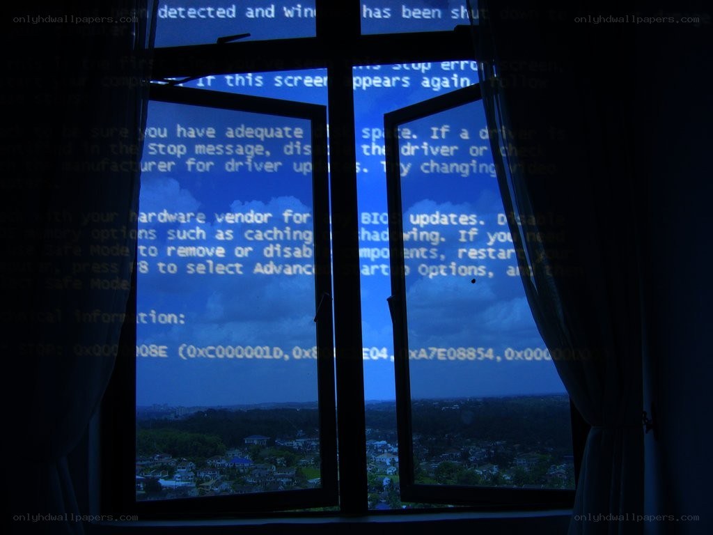 Blue error screen over city view