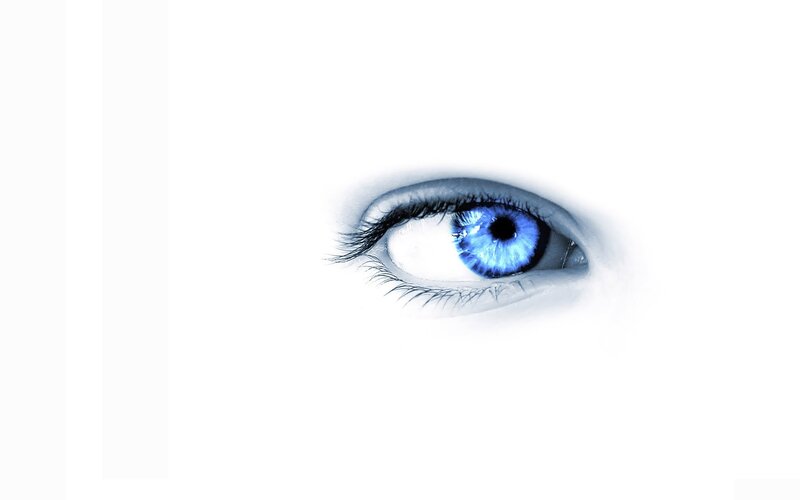 Blue Eye on White Background — Dramatic, Photograph, Eyelash