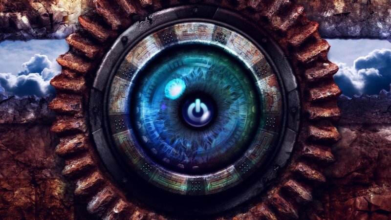 Blue Eye Power Symbol — Dramatic, Digital Art, Gears, Clouds, Sky