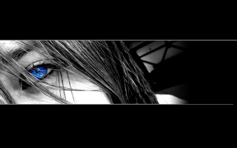 blue eye with black and white hair